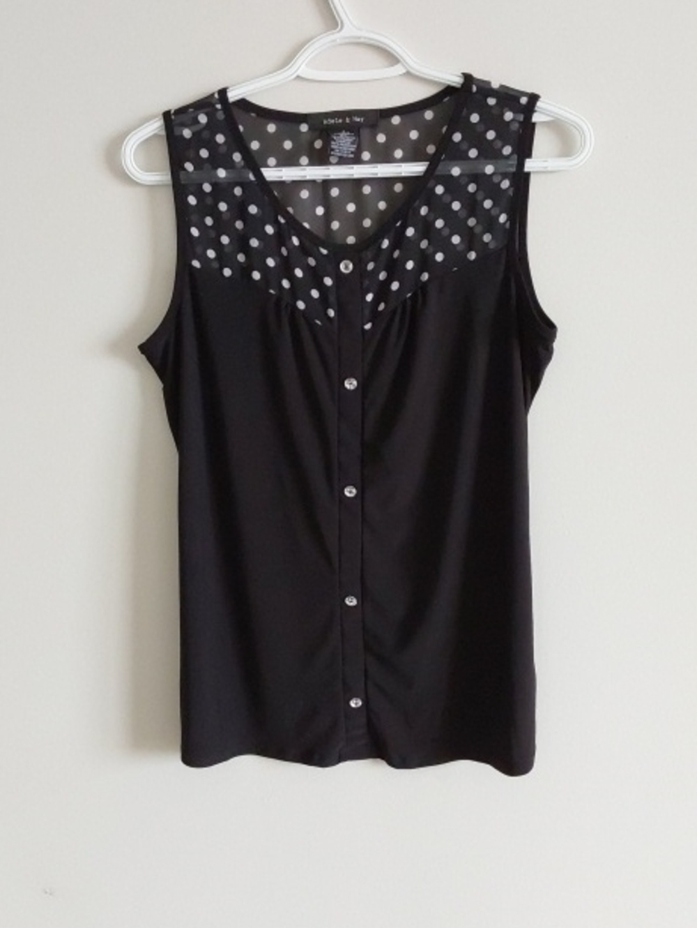 Black Polka Dot Yoke Sleeveless Button-Front Top -